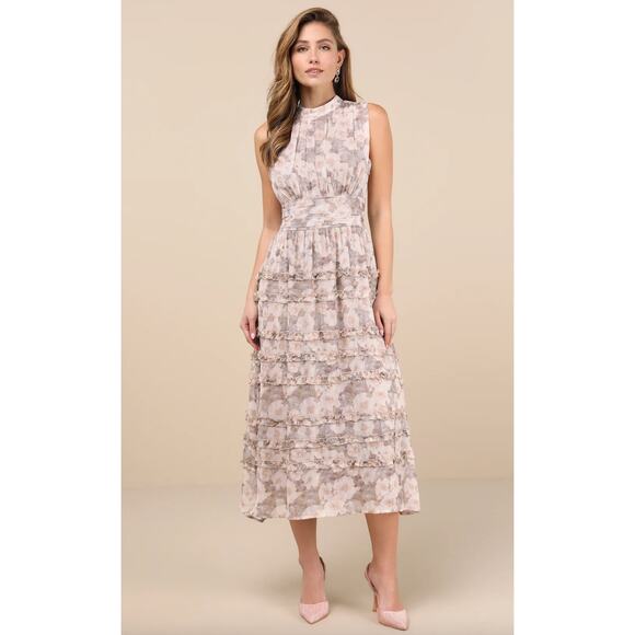 Lulus Happily Sweet Beige Floral Mock Neck Backless Midi Dress Cocktail S NWT - Picture 1 of 14
